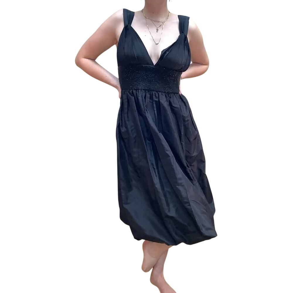 Trelise Cooper 10 Black Deep V Silk Bubble Hem Beaded Waist Wide Strap Dress